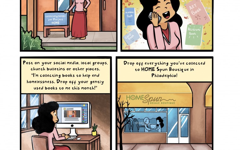 A comic depiction of a book drive