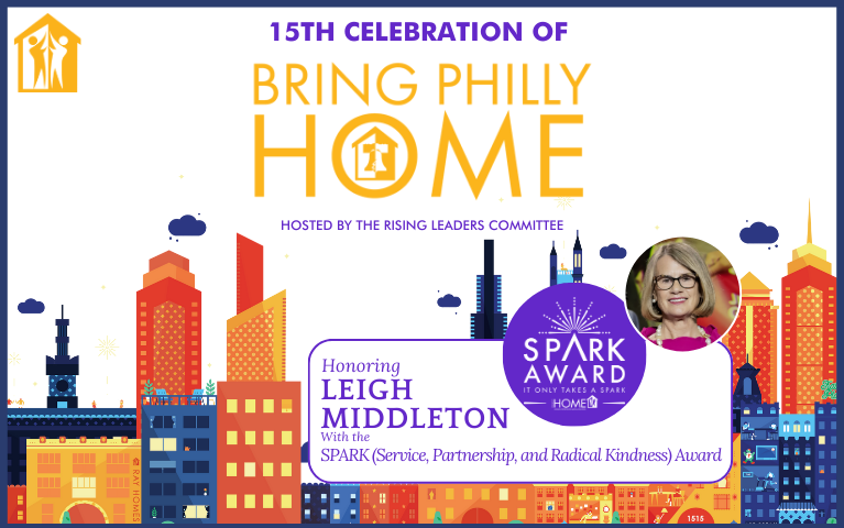 Illustrated design of Philadelphia Skyline with photo of Leigh Middleton