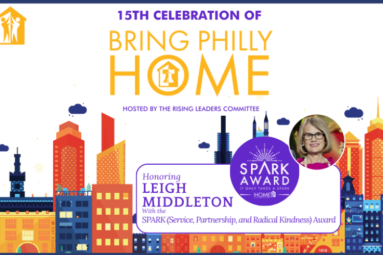 Illustrated design of Philadelphia Skyline with photo of Leigh Middleton